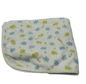 Vintage Stork Craft Cotton Baby Blanket Blue Yellow Green Bears Blocks